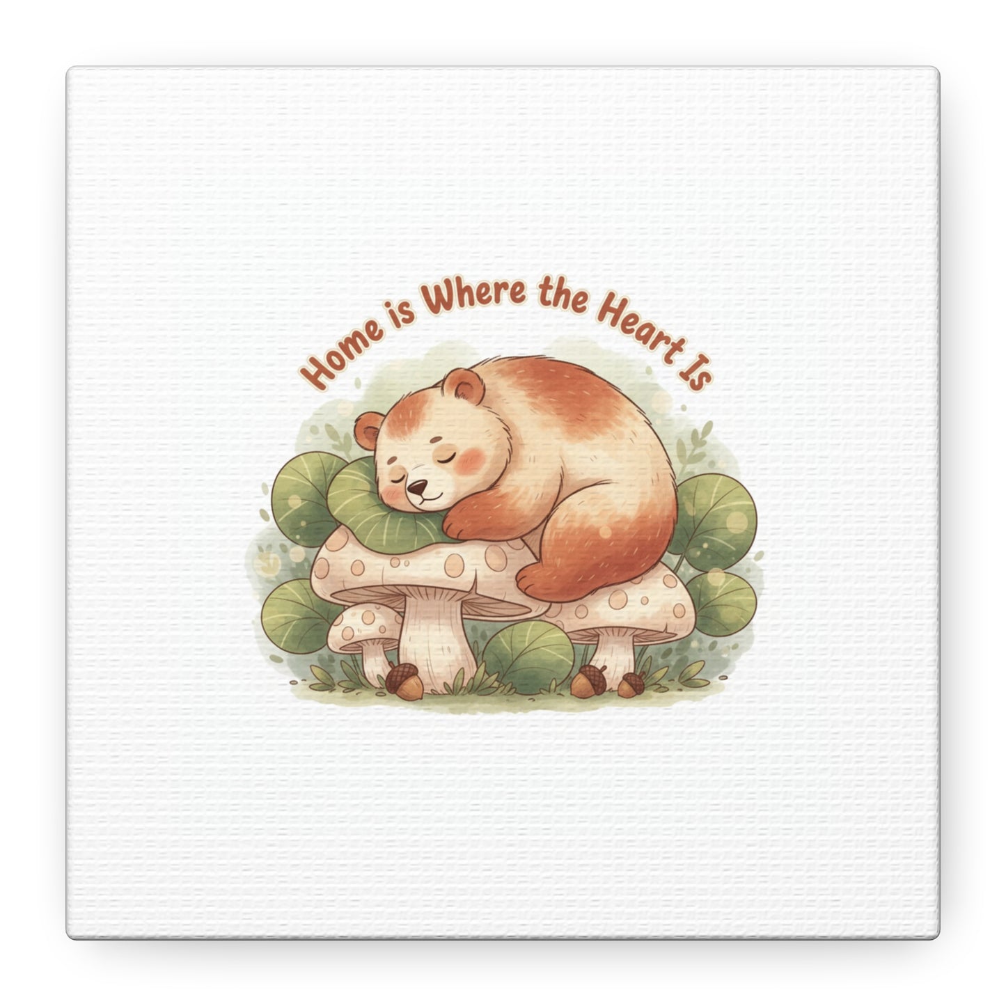 Cozy Sleeping Bear Canvas, winter forest art | cute animal illustration