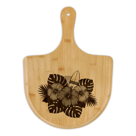 Bamboo Pizza Peel — Engraved Tropical Hibiscus Surfboard Design