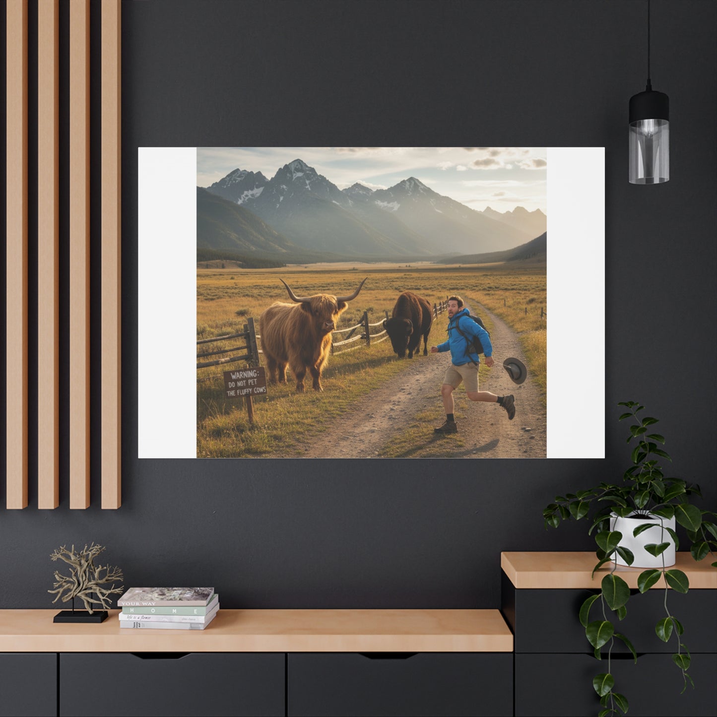 Chased by a Buffalo Canvas | wholesome sarcasm print, soft humor wall art