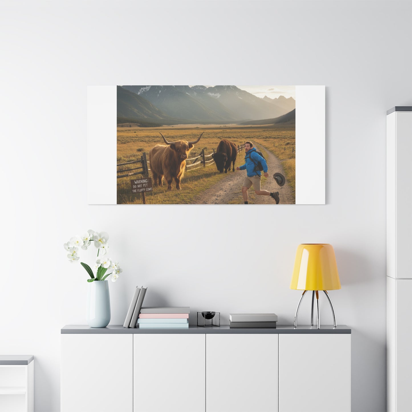 Chased by a Buffalo Canvas | wholesome sarcasm print, soft humor wall art