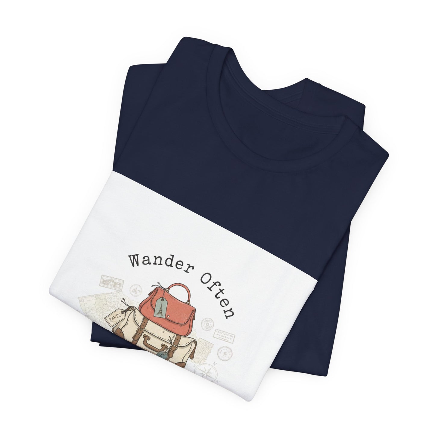 Wander Often suitcase stack Tee | vintage travel stamps, postcard nostalgia