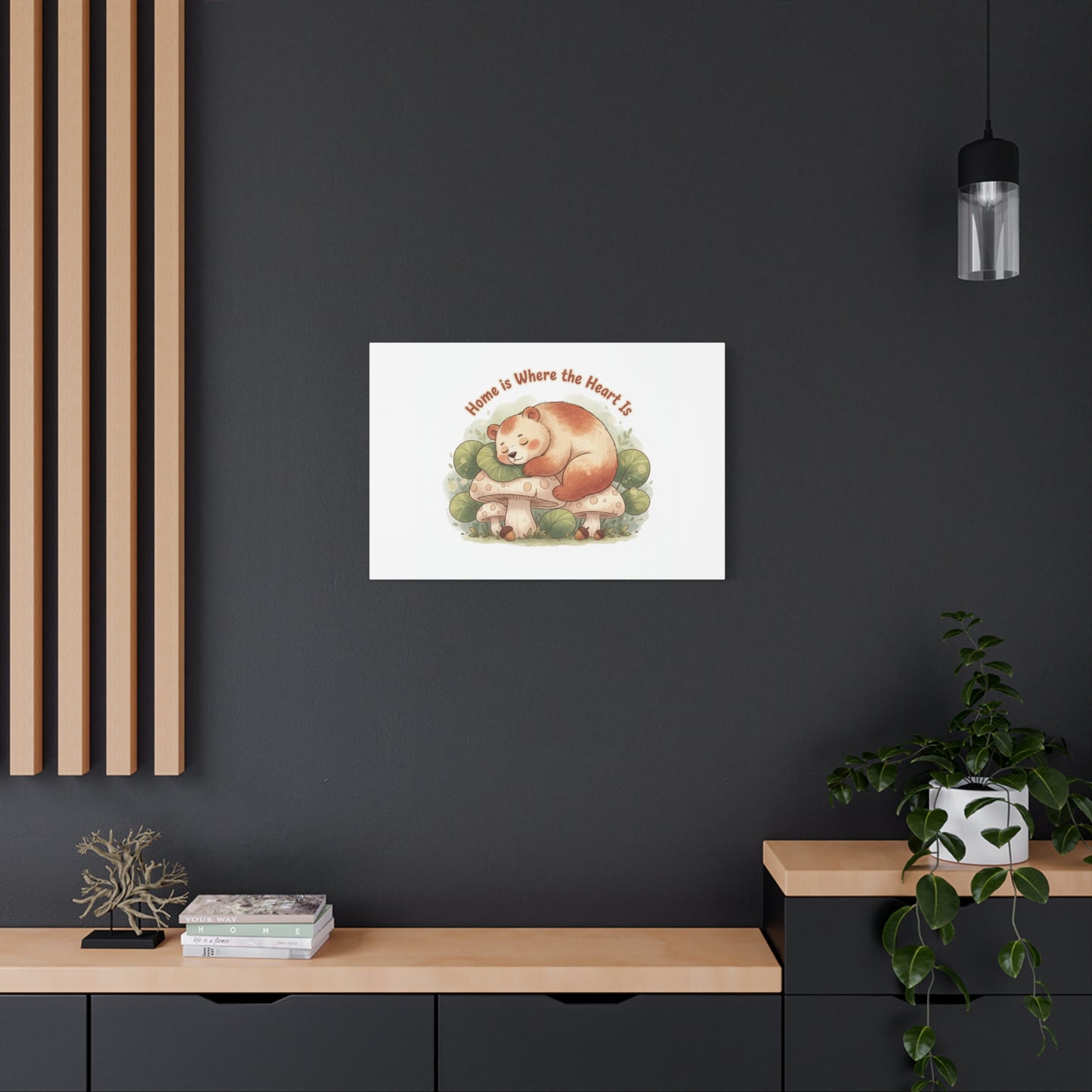 Cozy Sleeping Bear Canvas, winter forest art | cute animal illustration