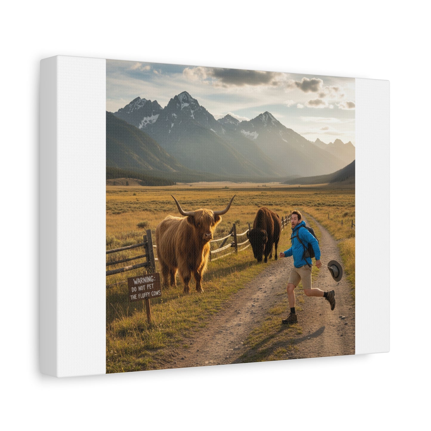 Chased by a Buffalo Canvas | wholesome sarcasm print, soft humor wall art