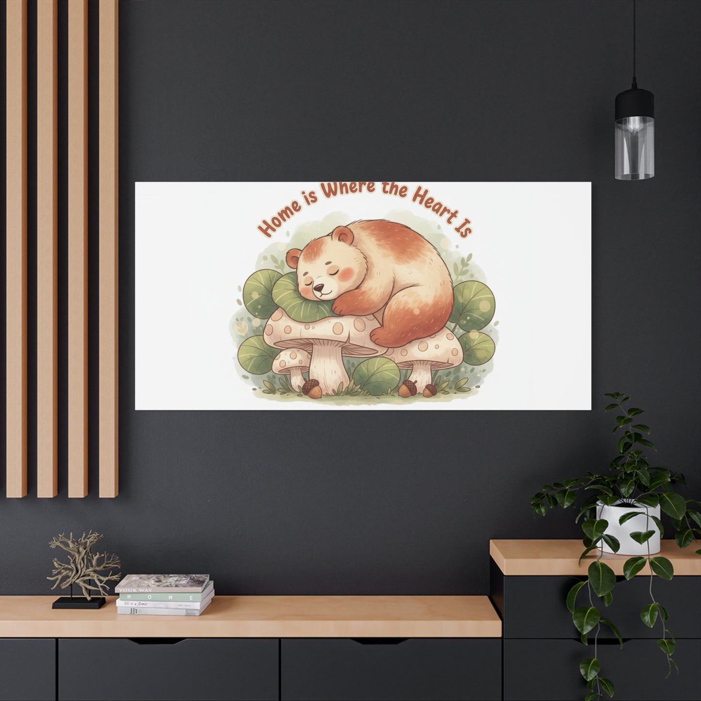 Cozy Sleeping Bear Canvas, winter forest art | cute animal illustration