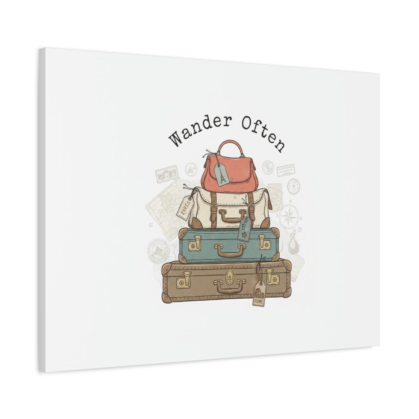 Wander Often Vintage Luggage Stack Canvas, travel stamps | passport stamp wanderlust