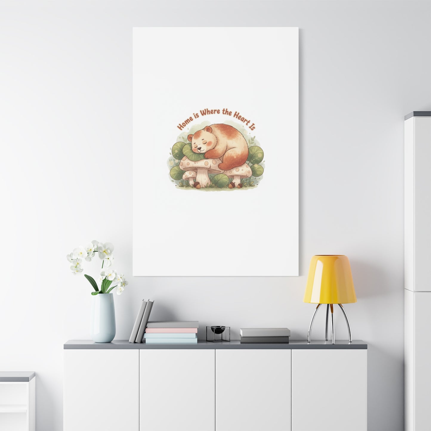 Cozy Sleeping Bear Canvas, winter forest art | cute animal illustration