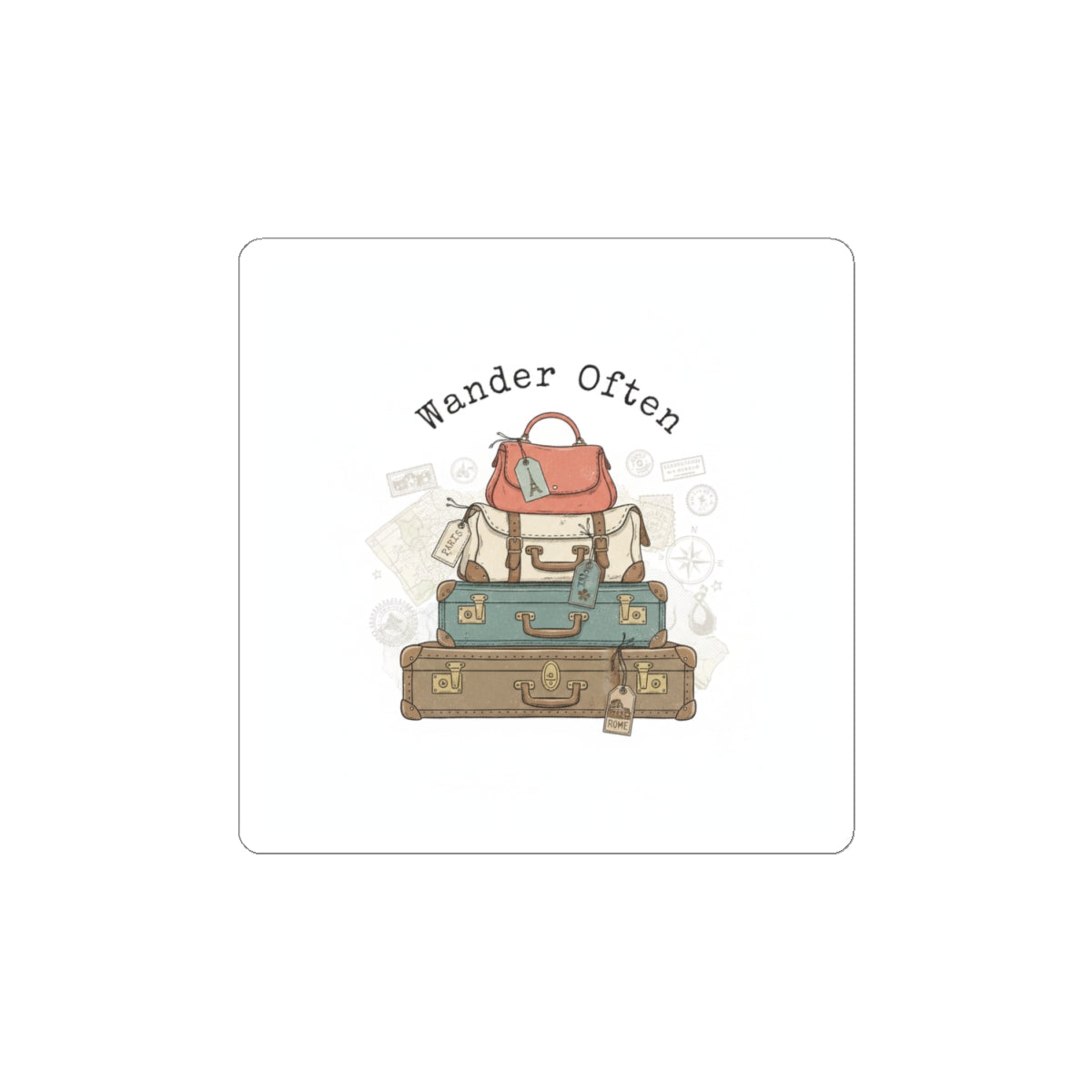 Wander Often vintage luggage stack Kiss-Cut Stickers | travel stamps, postcard nostalgia
