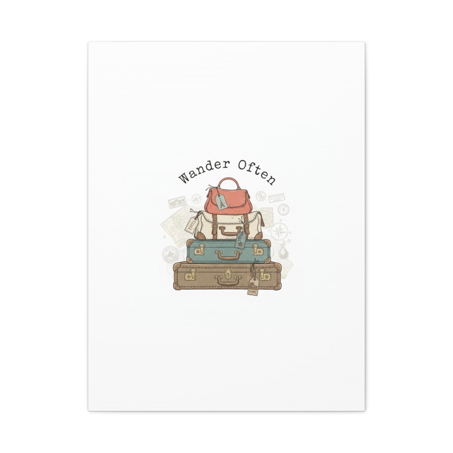 Wander Often Vintage Luggage Stack Canvas, travel stamps | passport stamp wanderlust