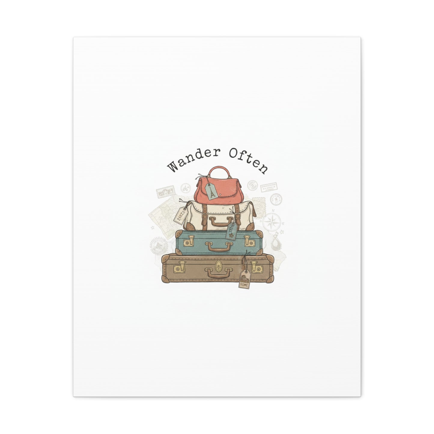 Wander Often Vintage Luggage Stack Canvas, travel stamps | passport stamp wanderlust