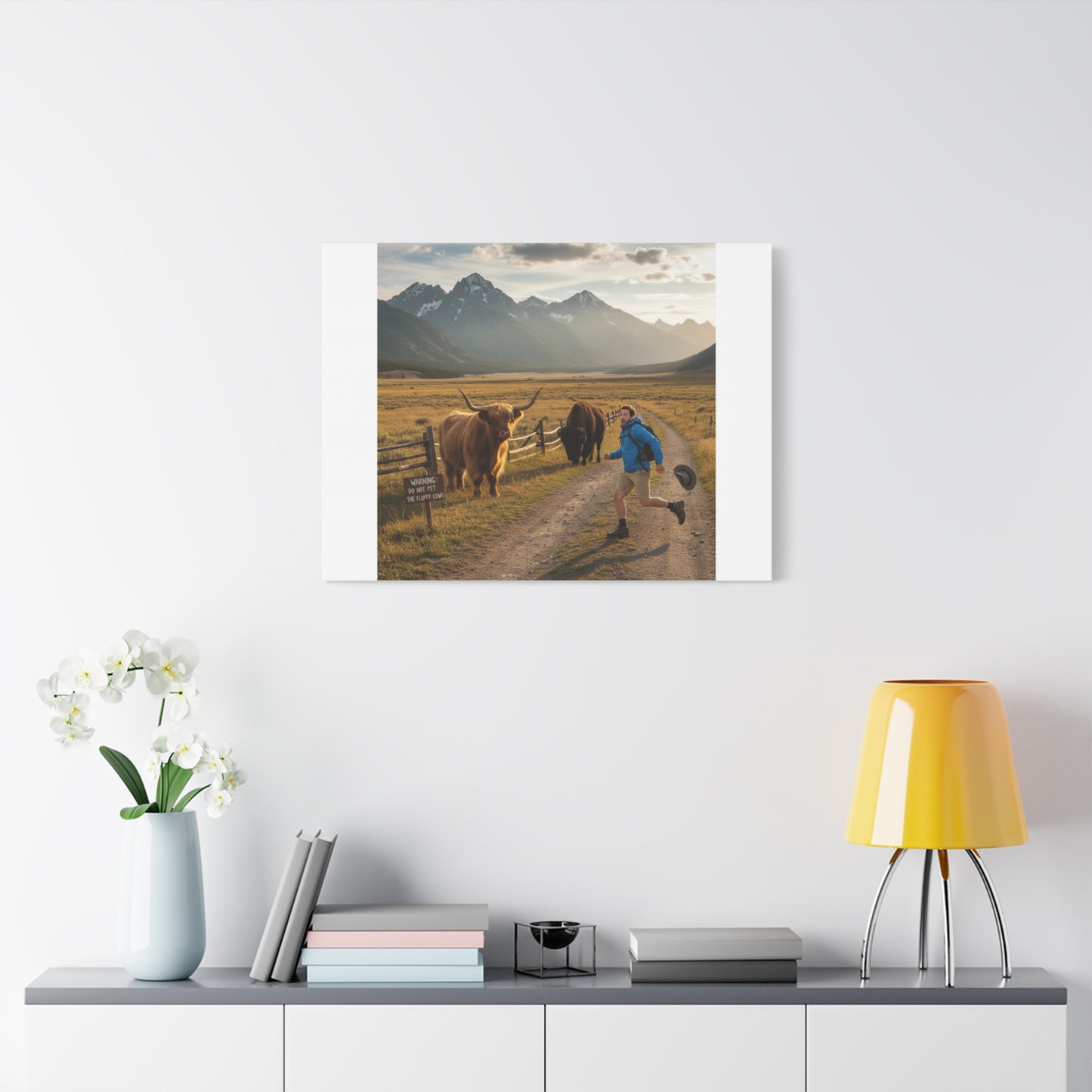 Chased by a Buffalo Canvas | wholesome sarcasm print, soft humor wall art