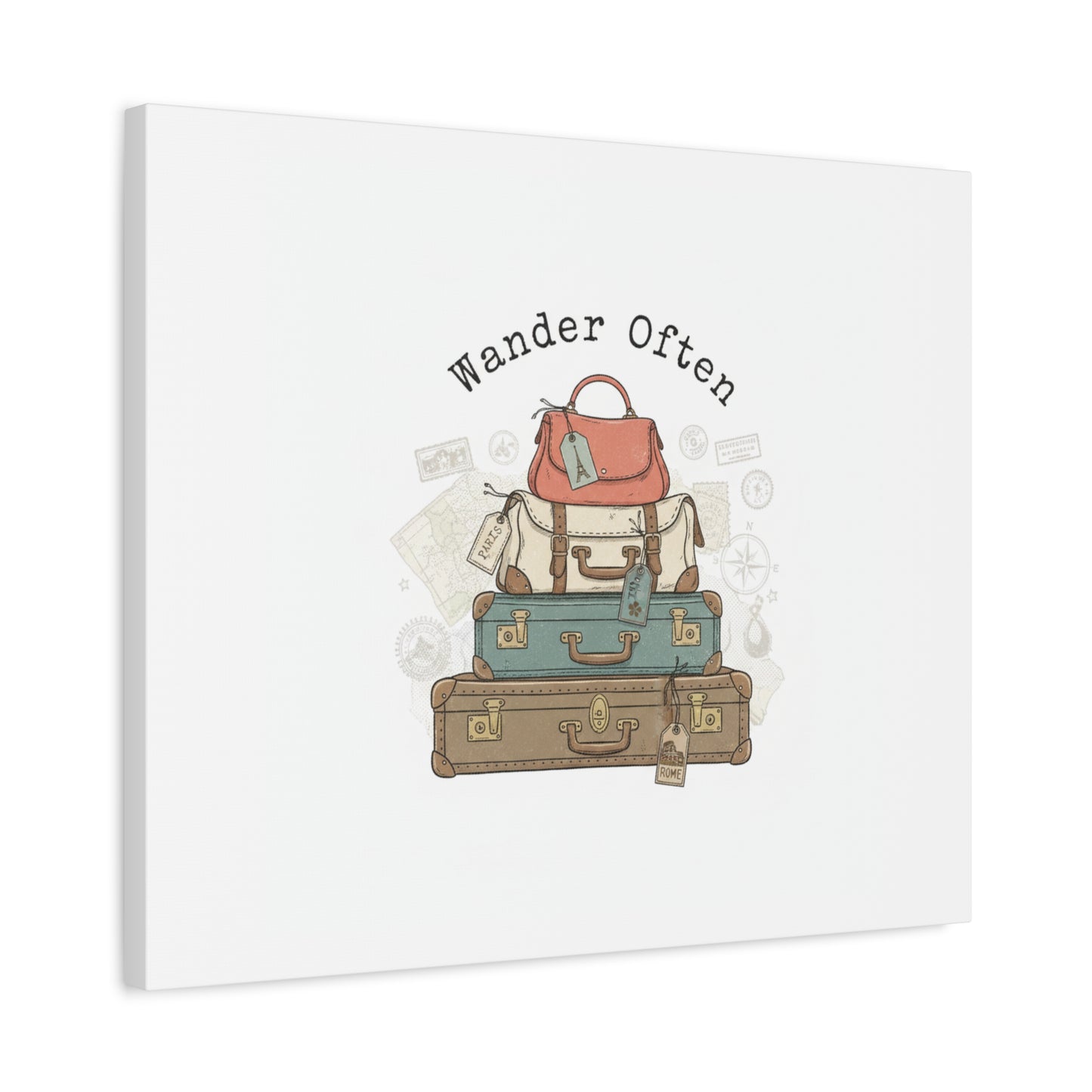 Wander Often Vintage Luggage Stack Canvas, travel stamps | passport stamp wanderlust
