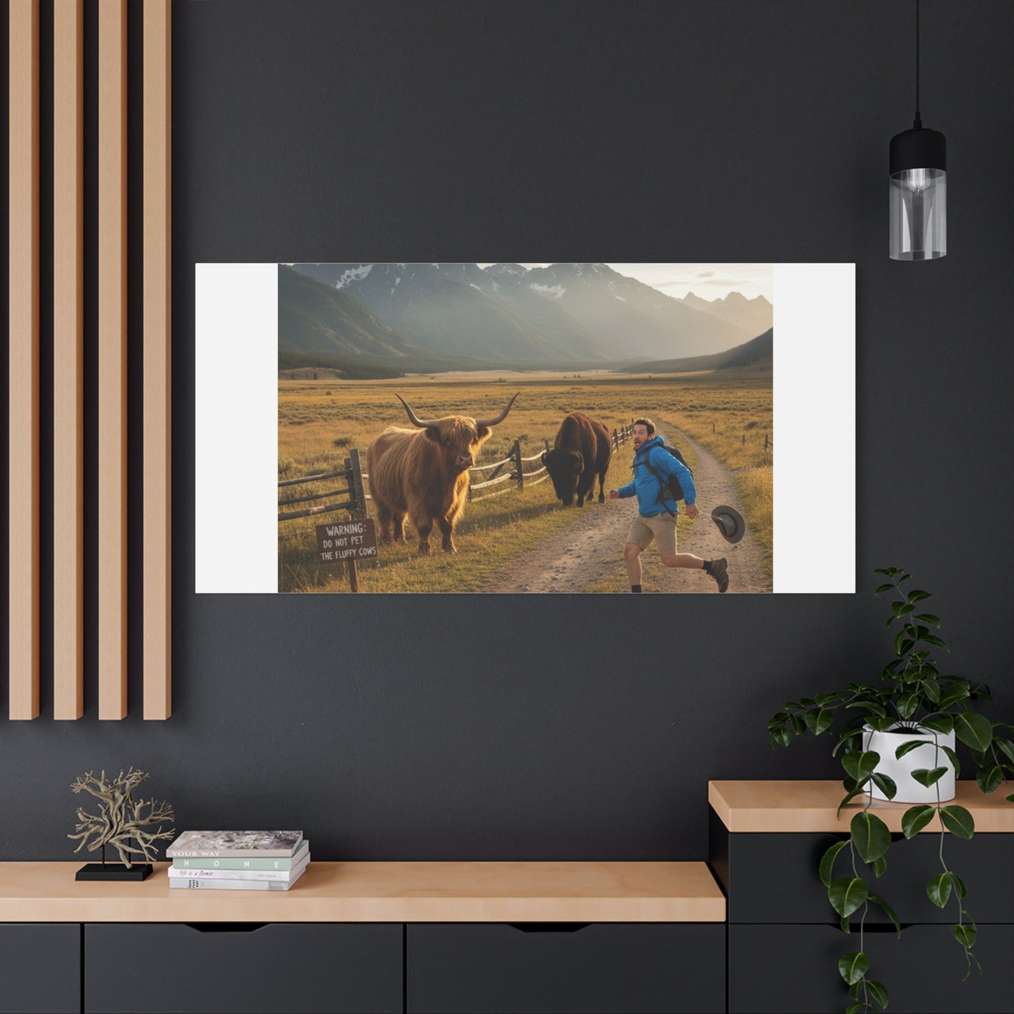 Chased by a Buffalo Canvas | wholesome sarcasm print, soft humor wall art