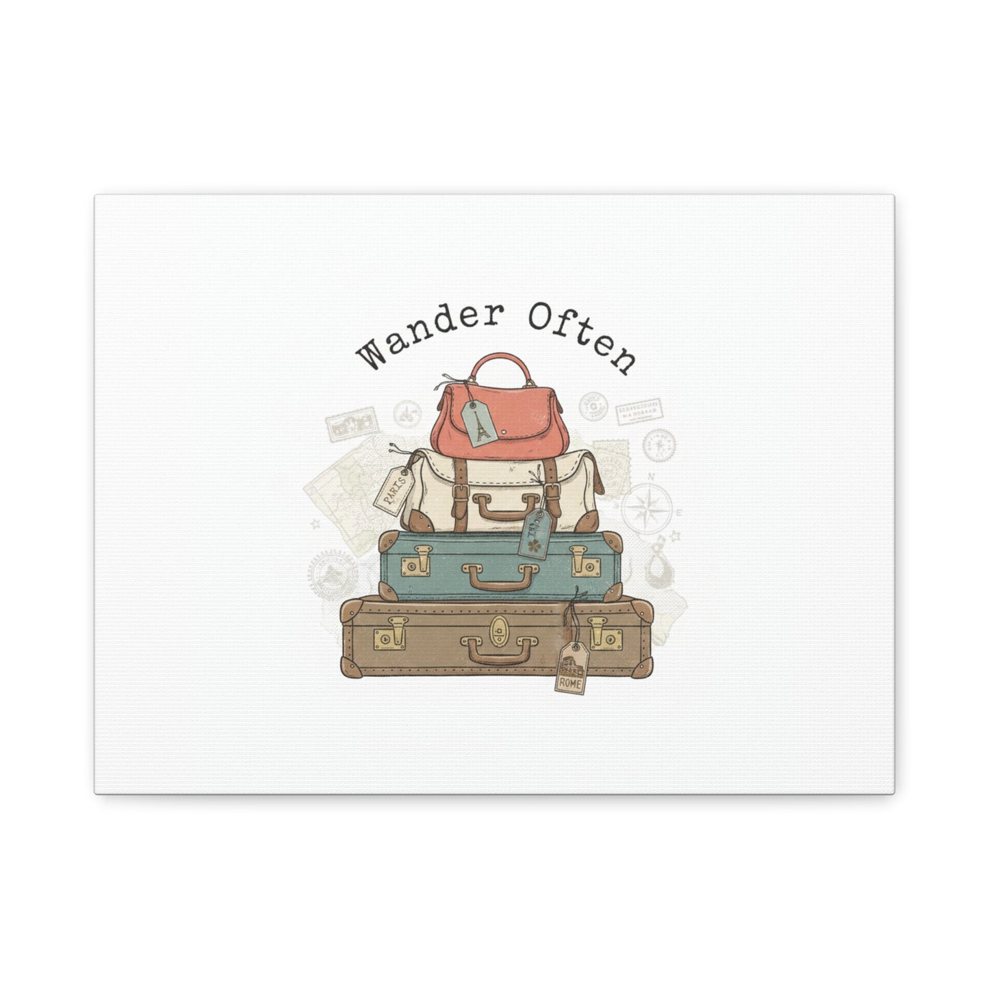 Wander Often Vintage Luggage Stack Canvas, travel stamps | passport stamp wanderlust