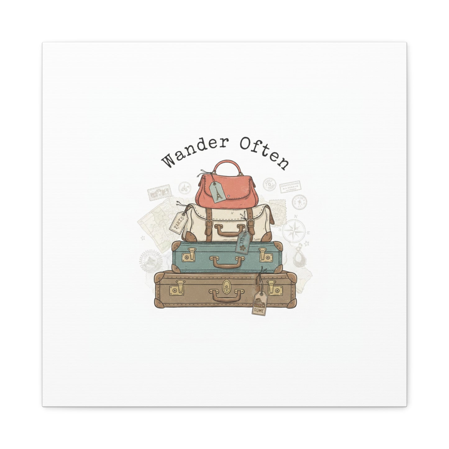 Wander Often Vintage Luggage Stack Canvas, travel stamps | passport stamp wanderlust