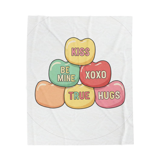 Valentine Conversation Heart Plush Blanket — 'Kiss, Be Mine, XOXO, True, Hugs' Cozy Throw