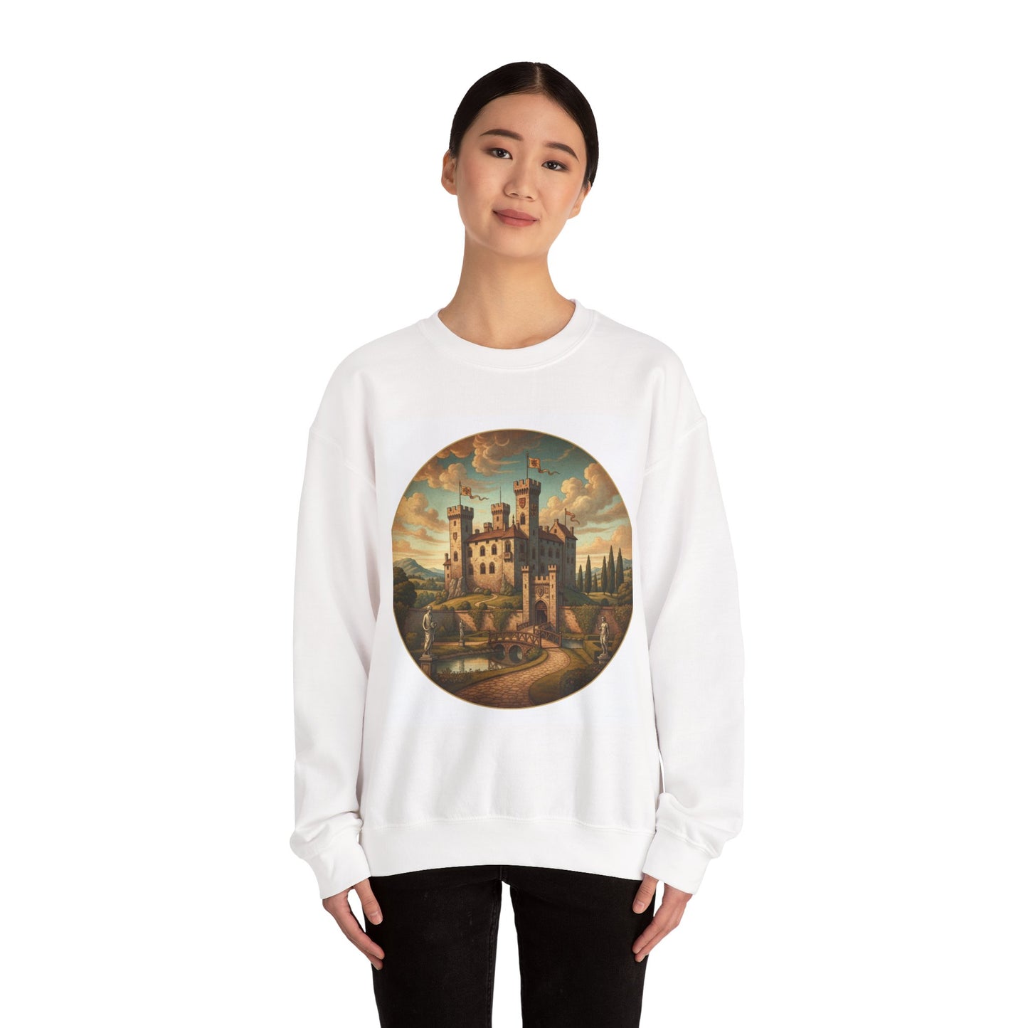 Medieval Castle Crewneck Sweatshirt — Vintage Fantasy Castle Art