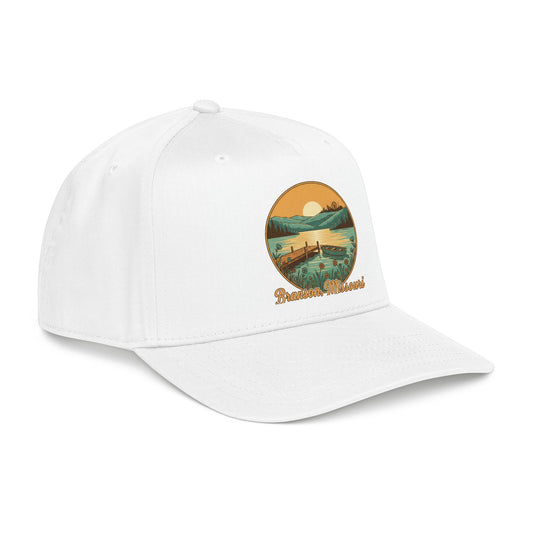 Sunset Lake Scenic Baseball Cap — Retro Fishing Dock Design