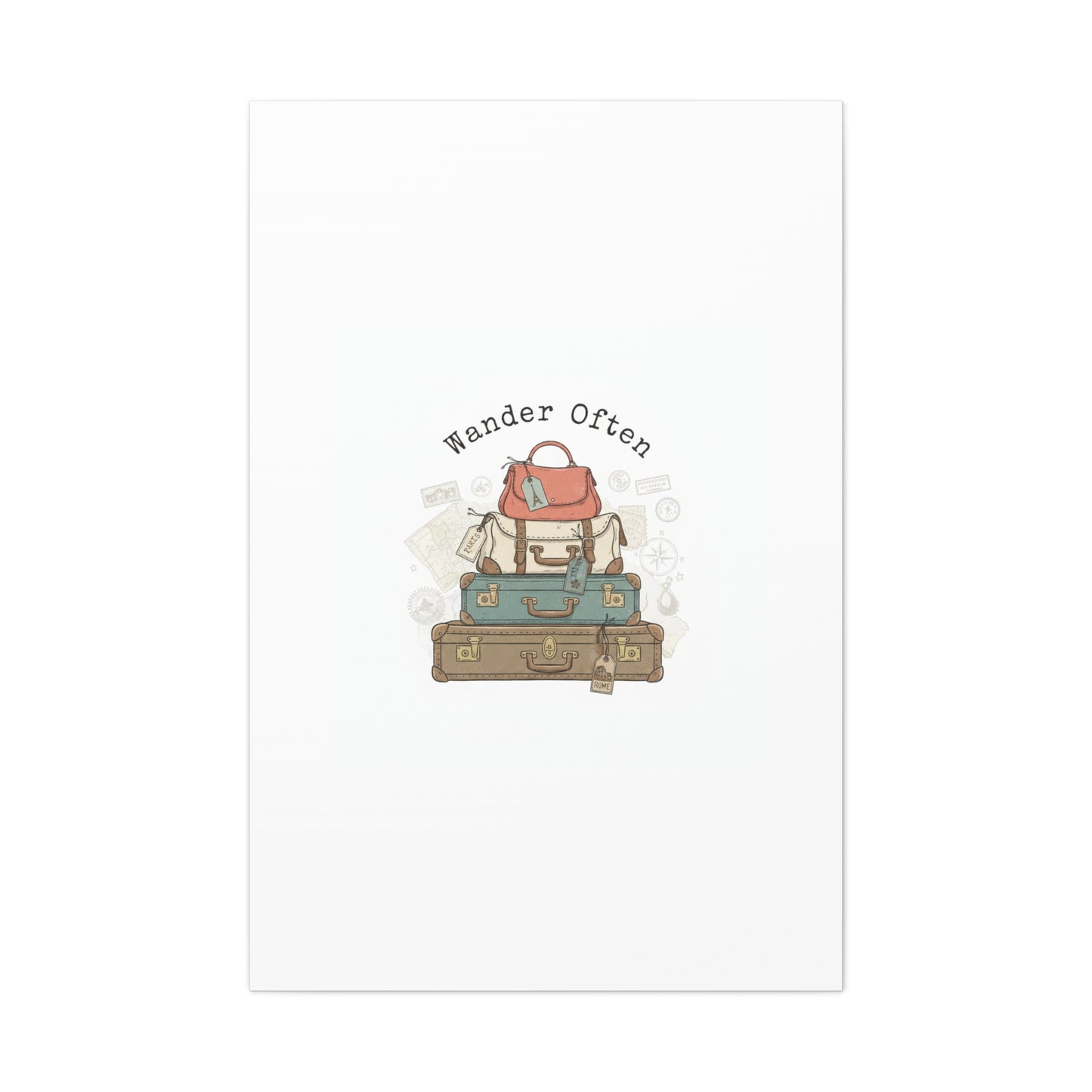 Wander Often Vintage Luggage Stack Canvas, travel stamps | passport stamp wanderlust