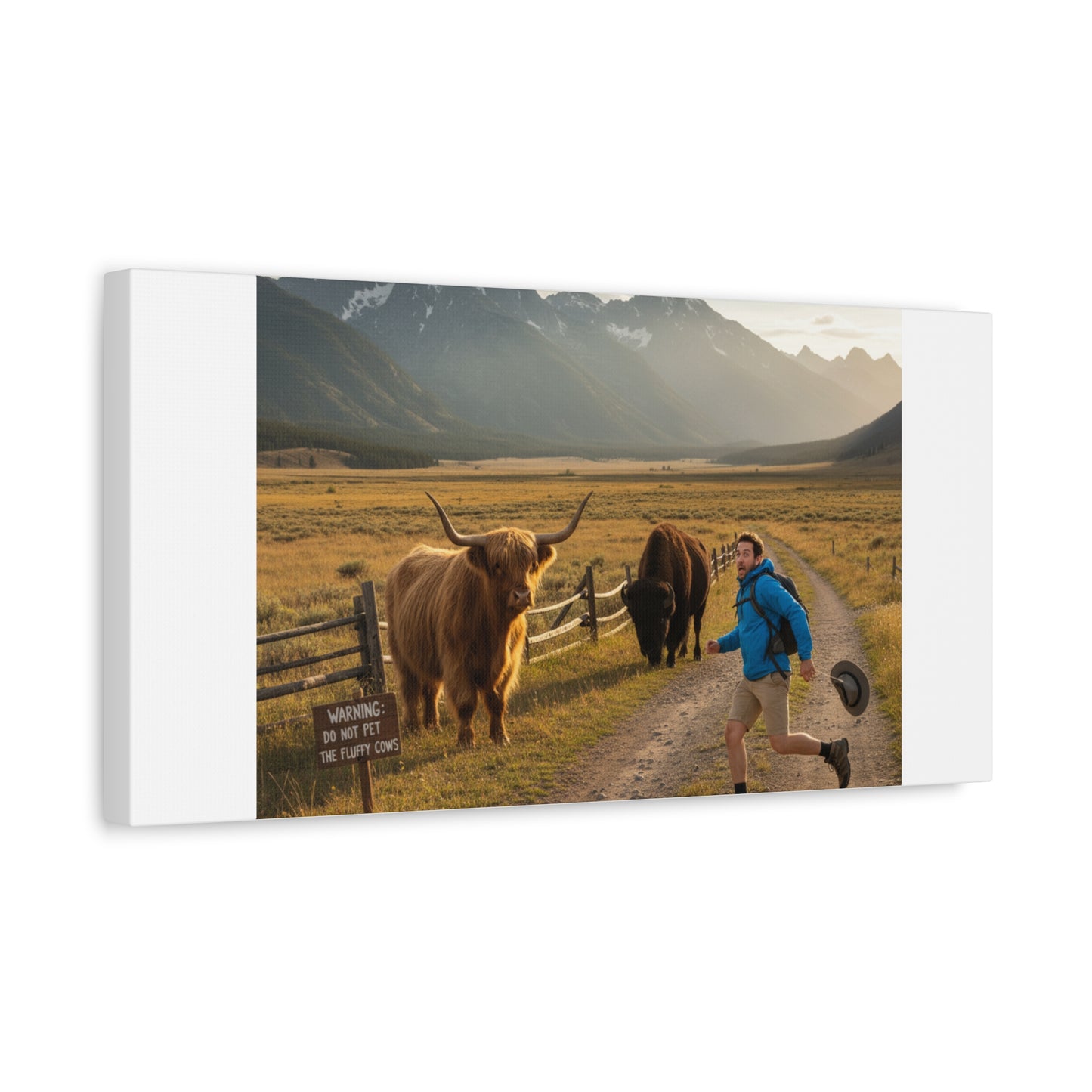 Chased by a Buffalo Canvas | wholesome sarcasm print, soft humor wall art