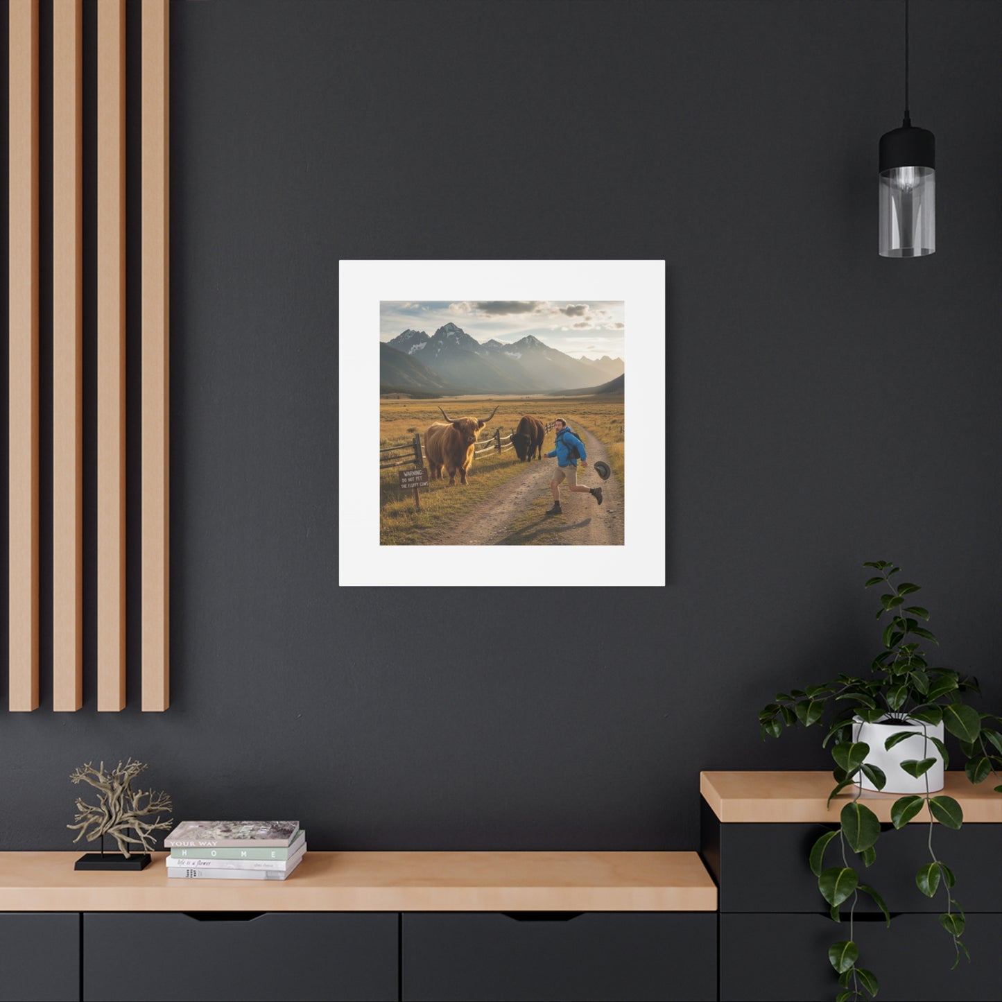 Chased by a Buffalo Canvas | wholesome sarcasm print, soft humor wall art