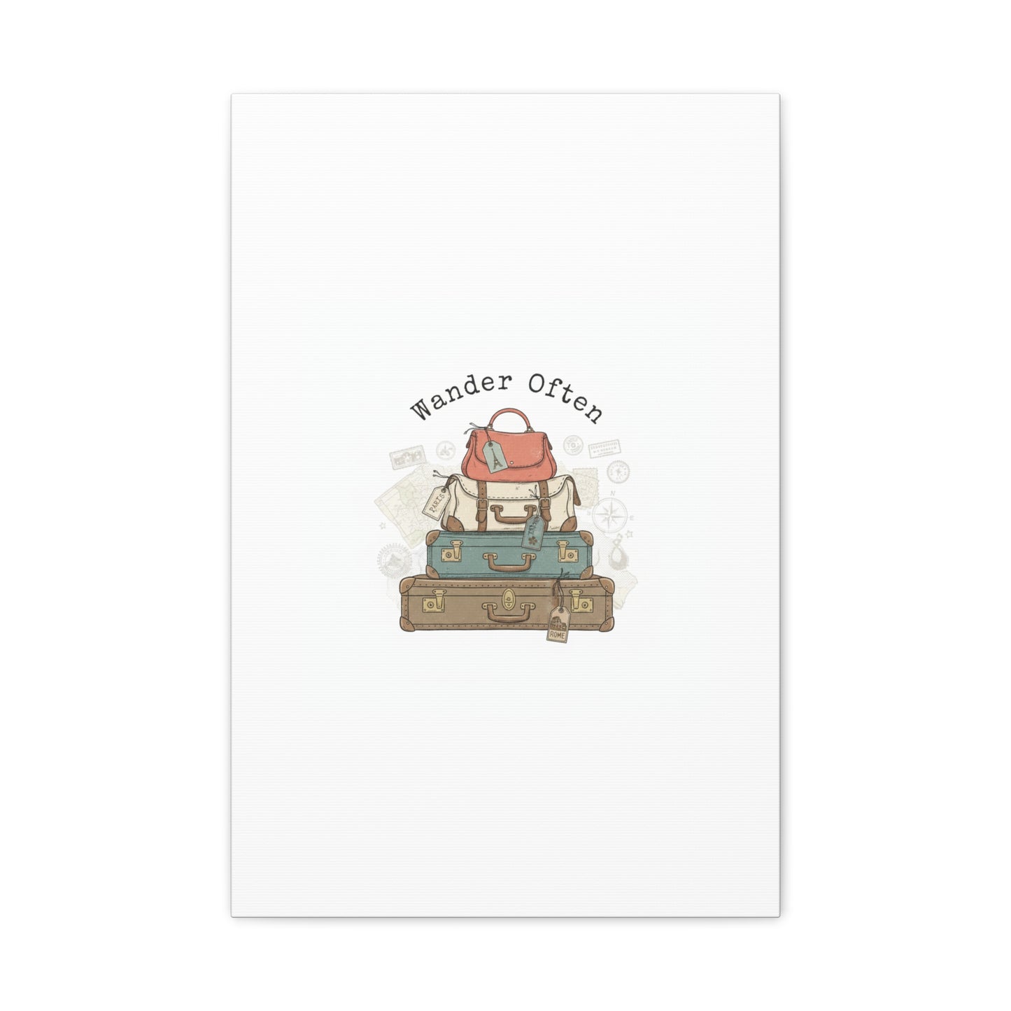 Wander Often Vintage Luggage Stack Canvas, travel stamps | passport stamp wanderlust
