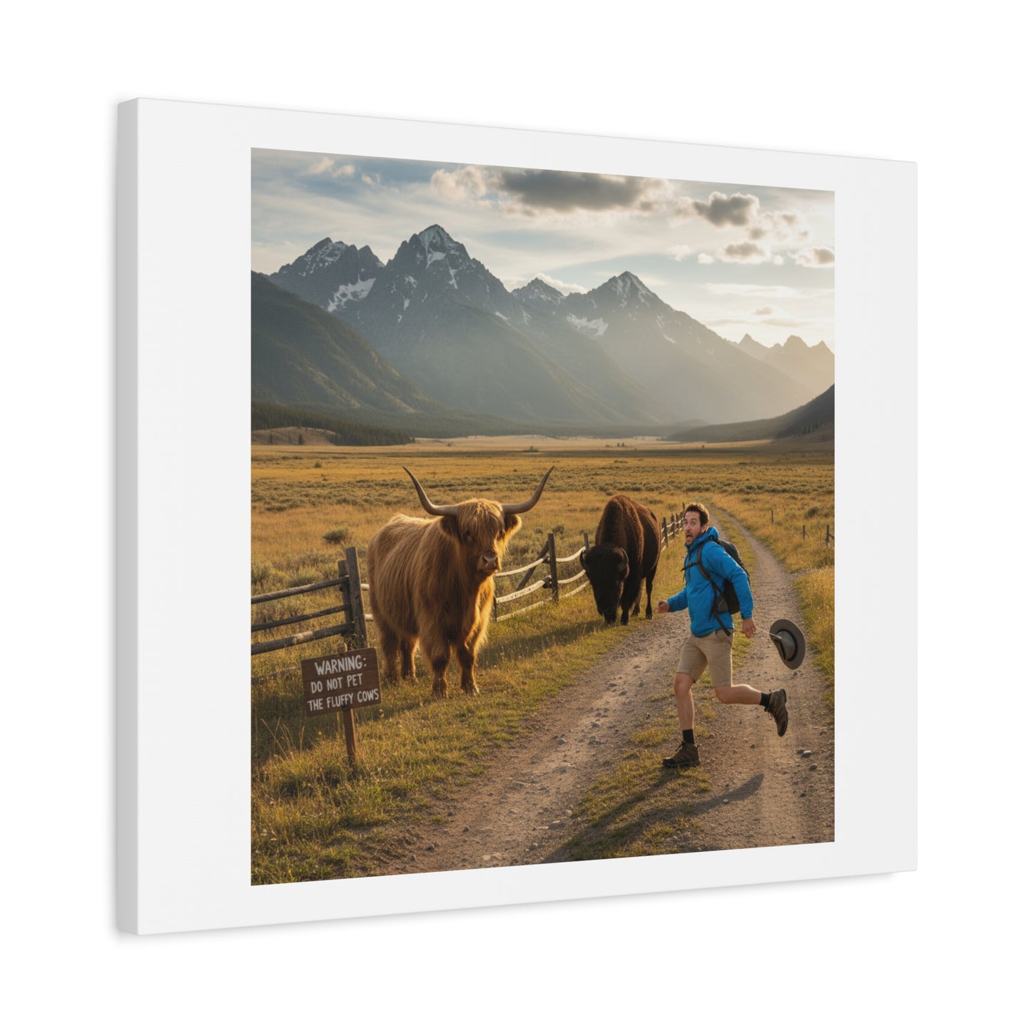 Chased by a Buffalo Canvas | wholesome sarcasm print, soft humor wall art