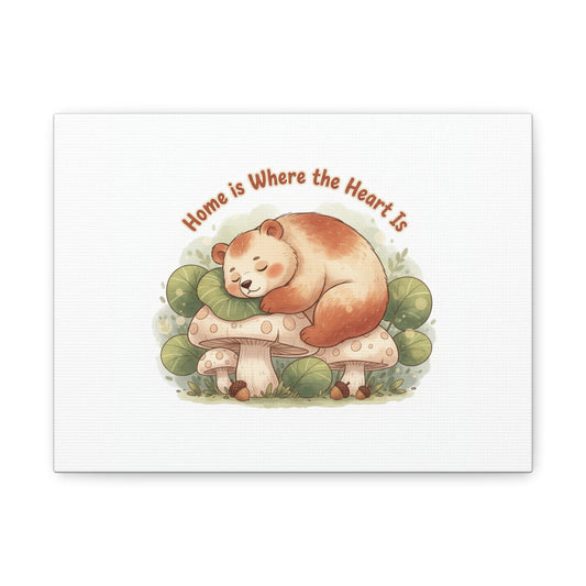 Cozy Sleeping Bear Canvas, winter forest art | cute animal illustration