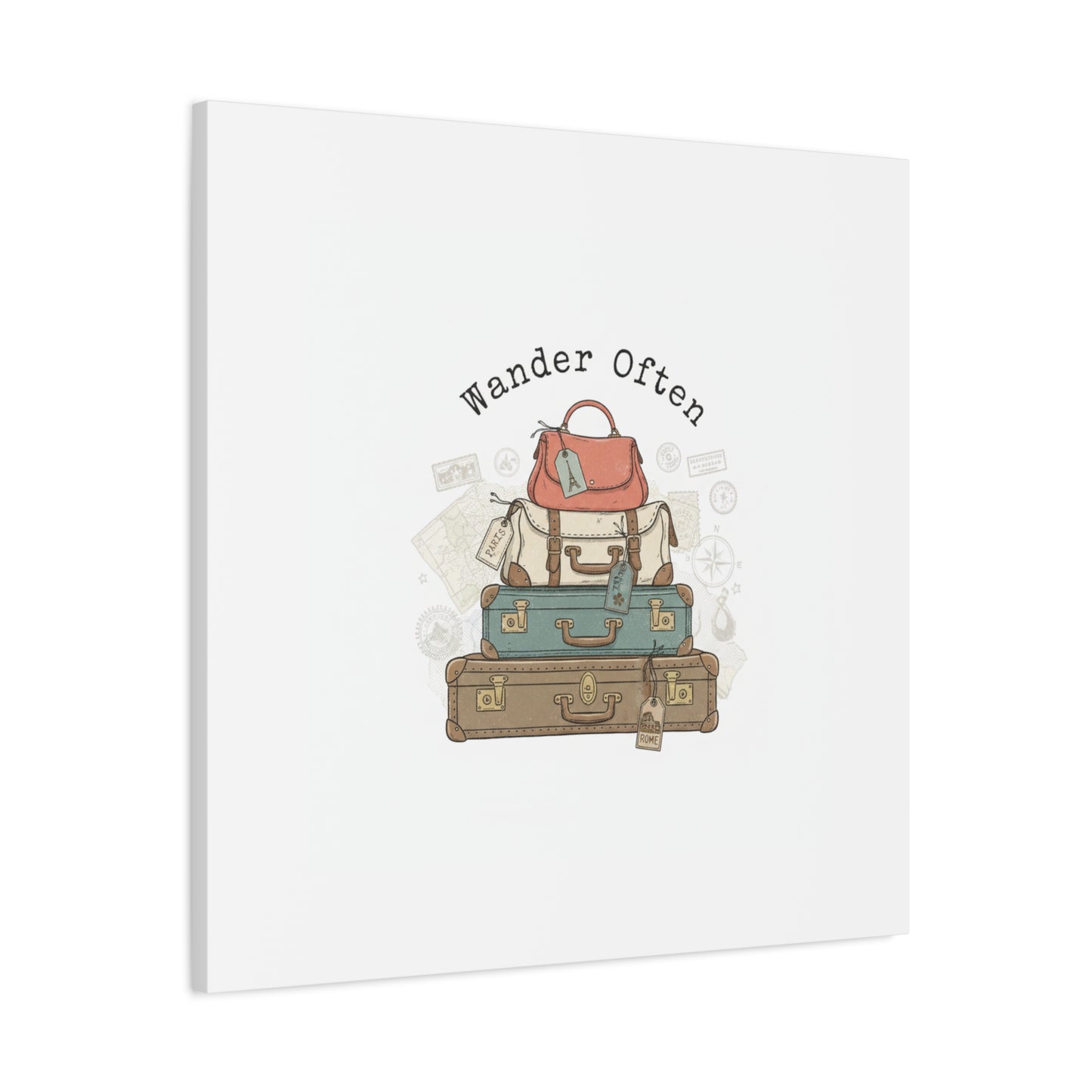 Wander Often Vintage Luggage Stack Canvas, travel stamps | passport stamp wanderlust