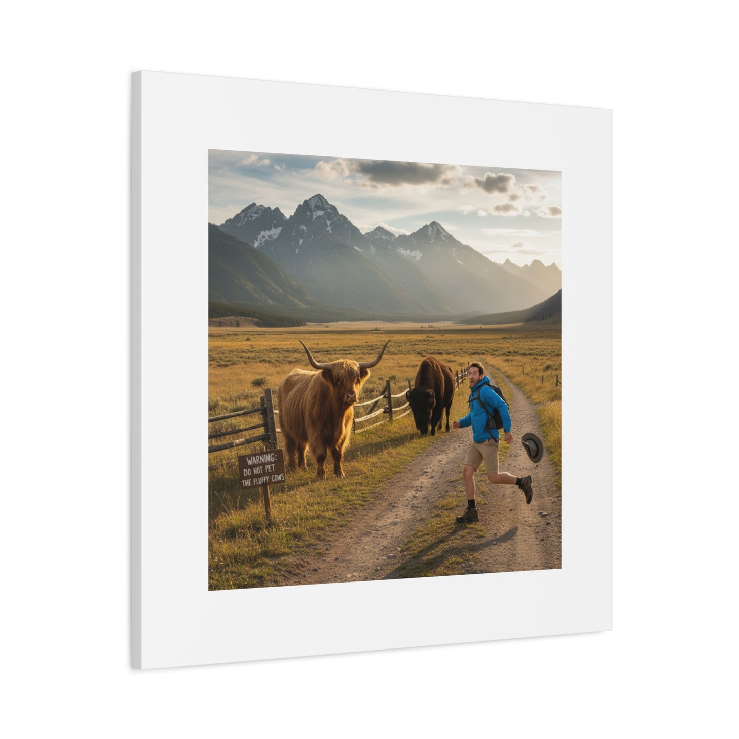 Chased by a Buffalo Canvas | wholesome sarcasm print, soft humor wall art