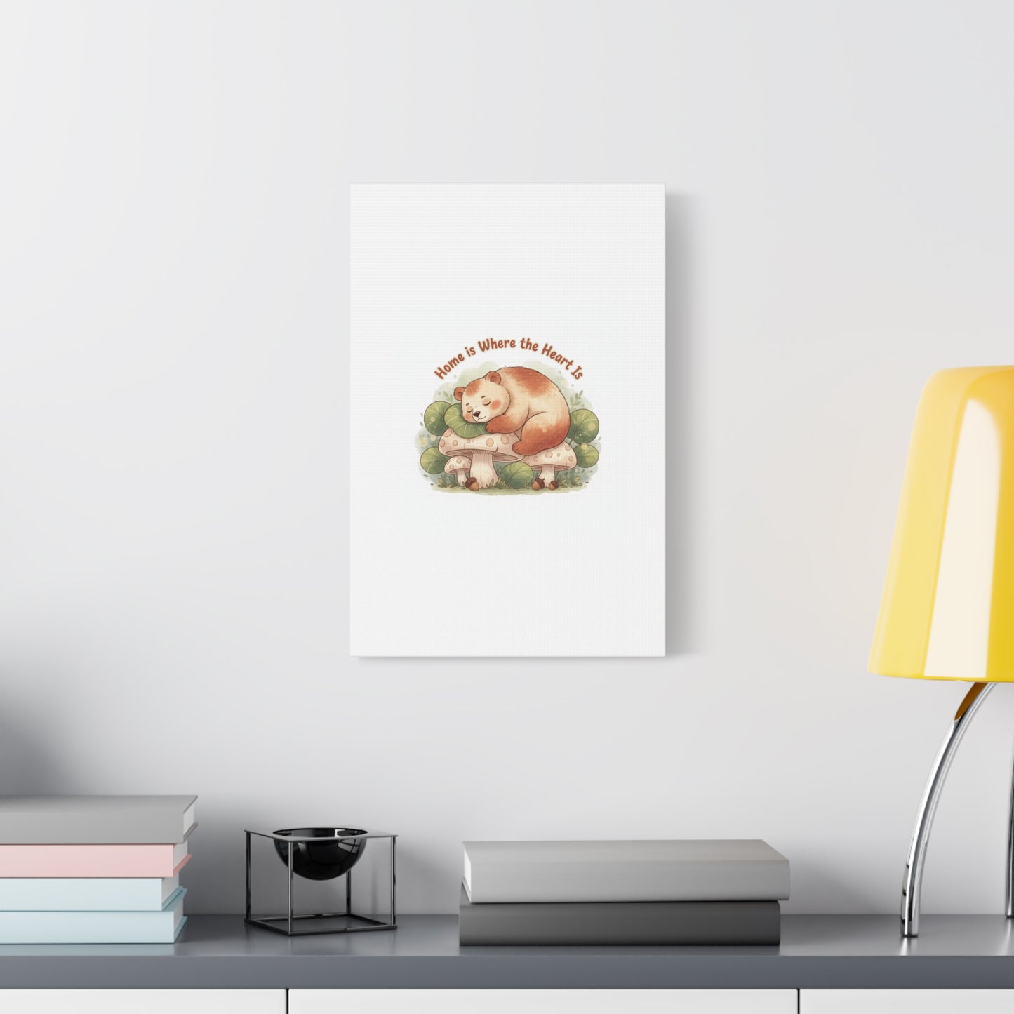 Cozy Sleeping Bear Canvas, winter forest art | cute animal illustration