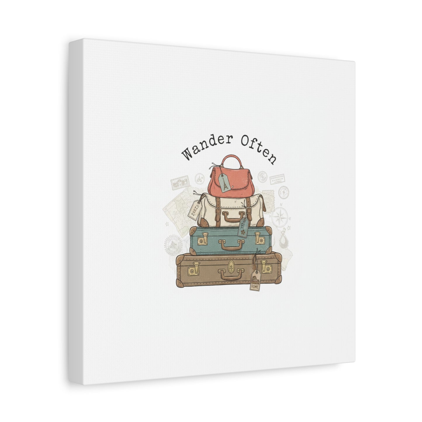 Wander Often Vintage Luggage Stack Canvas, travel stamps | passport stamp wanderlust