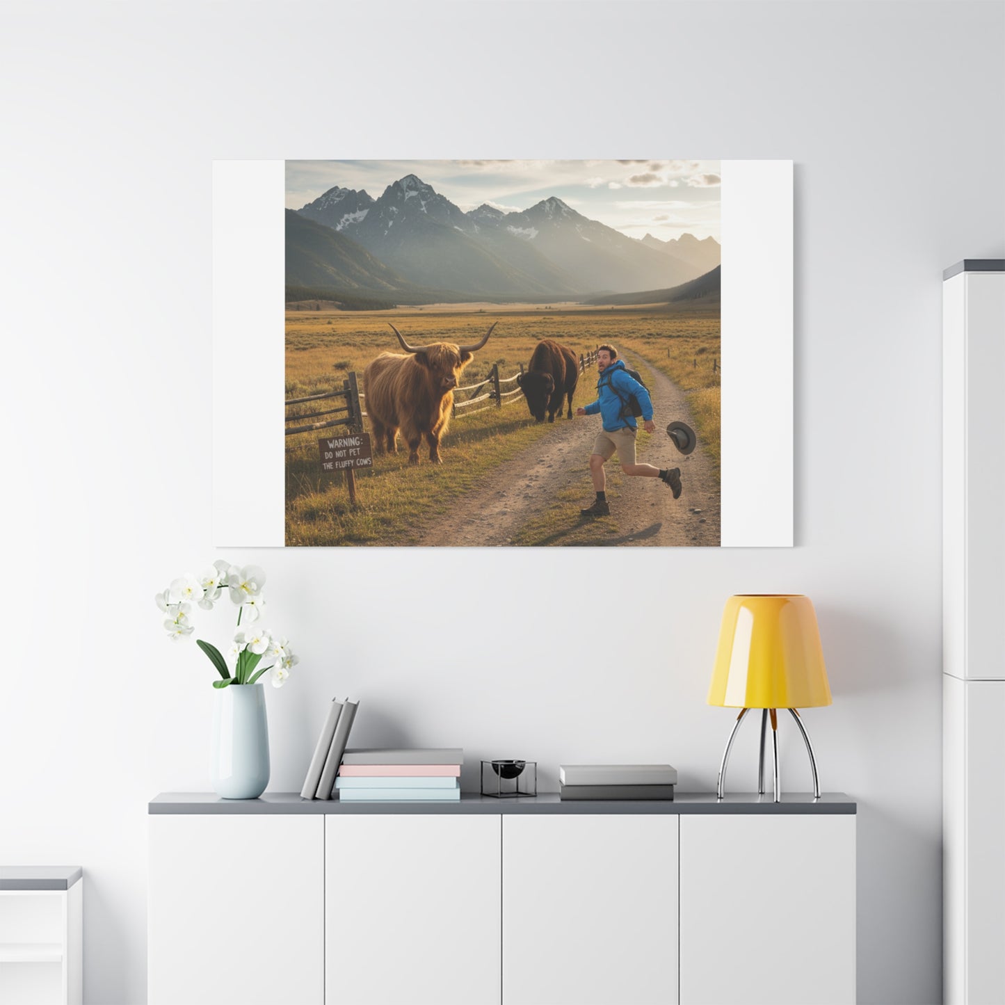 Chased by a Buffalo Canvas | wholesome sarcasm print, soft humor wall art