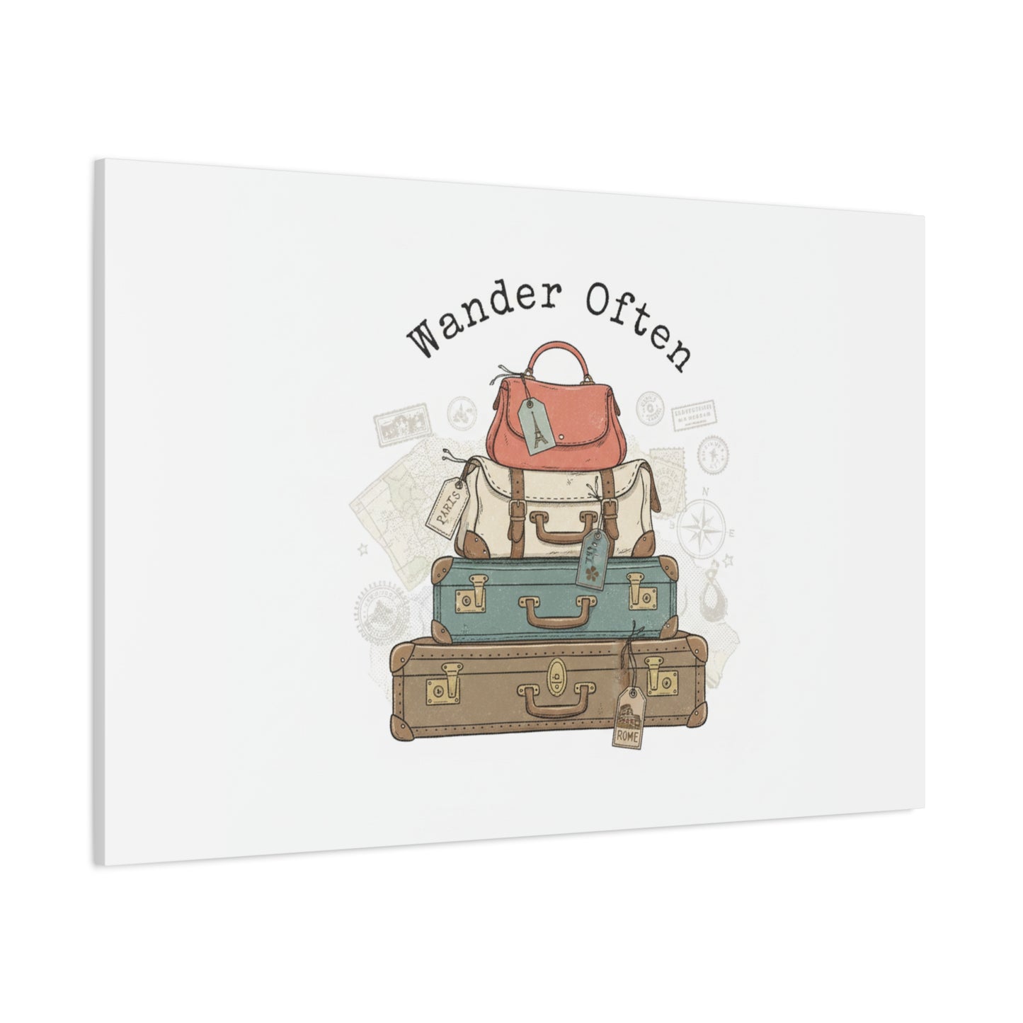 Wander Often Vintage Luggage Stack Canvas, travel stamps | passport stamp wanderlust