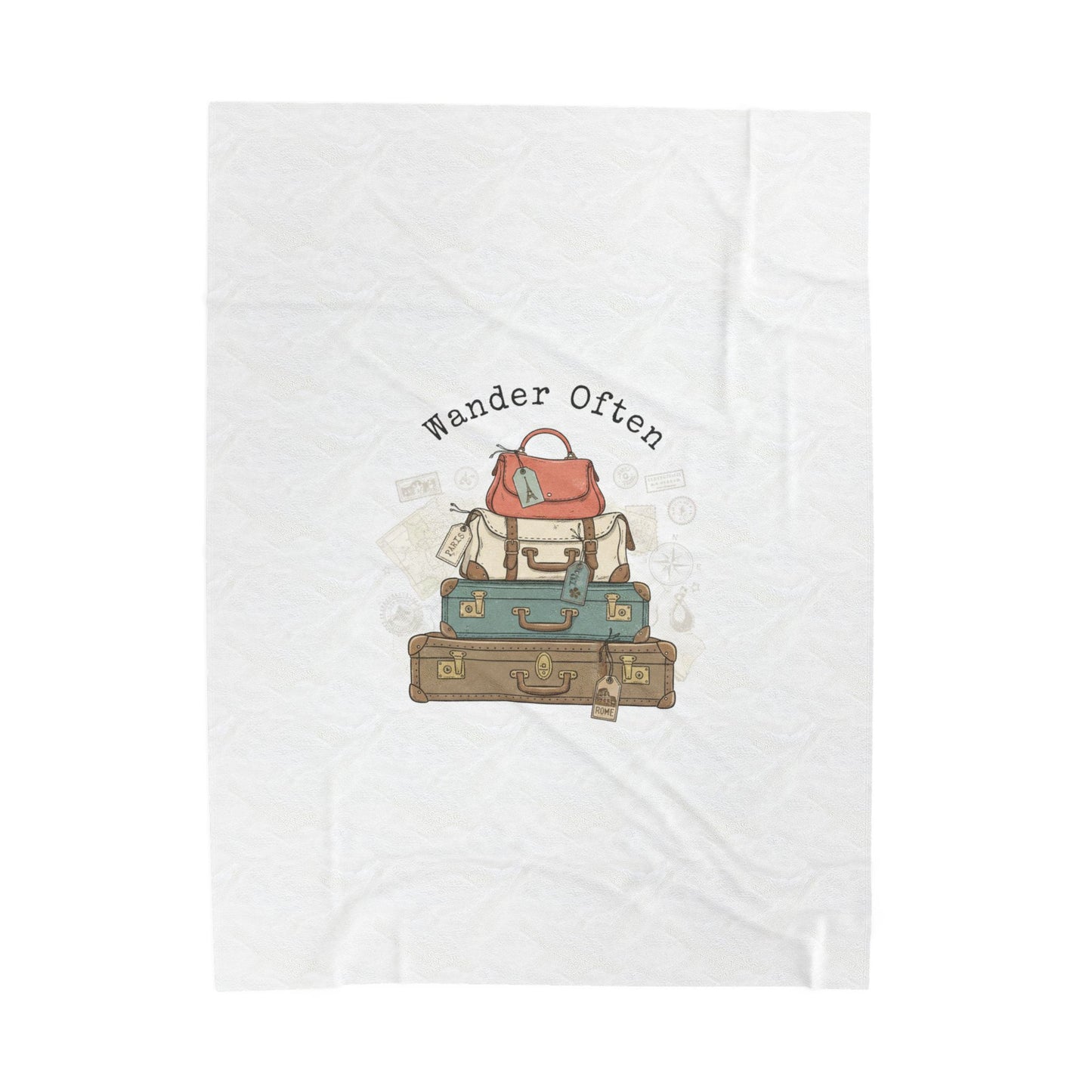 Wander Often vintage luggage stack Velveteen Blanket | travel stamps, postcard vintage