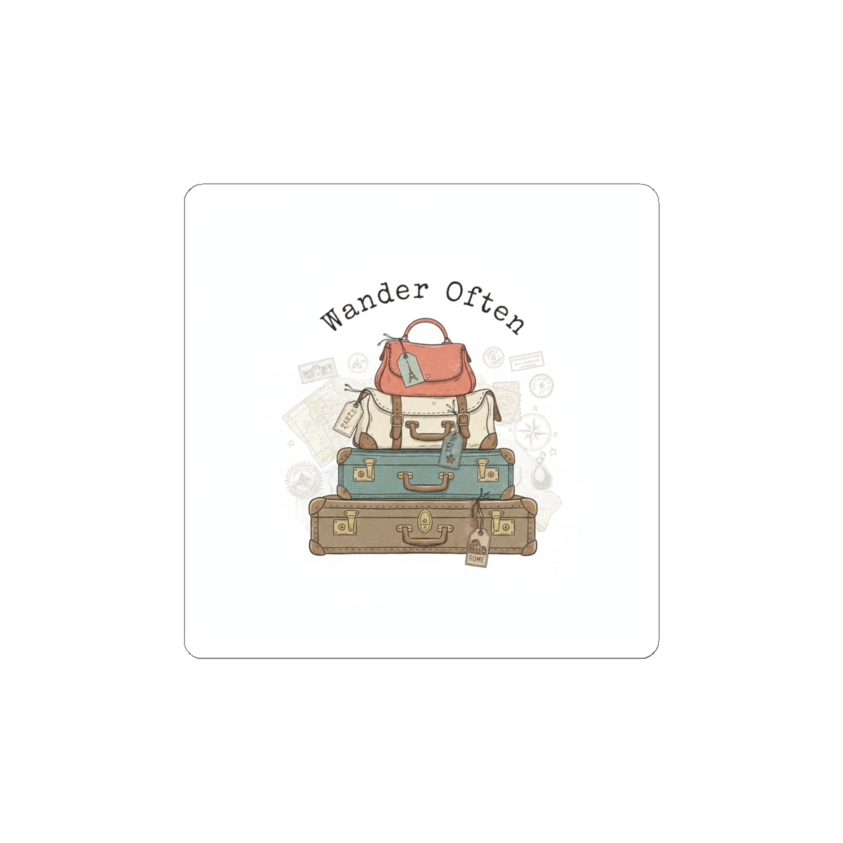 Wander Often vintage luggage stack Kiss-Cut Stickers | travel stamps, postcard nostalgia