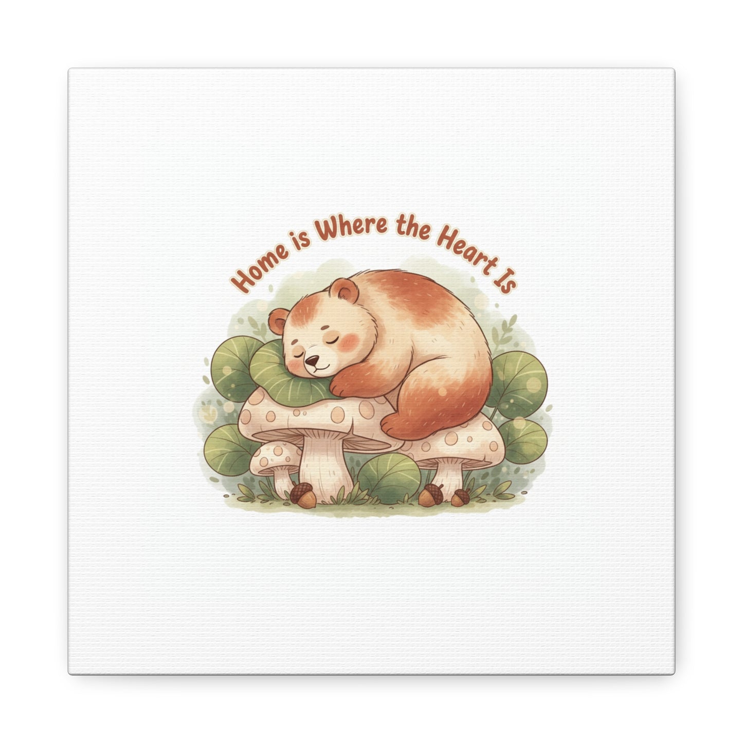 Cozy Sleeping Bear Canvas, winter forest art | cute animal illustration