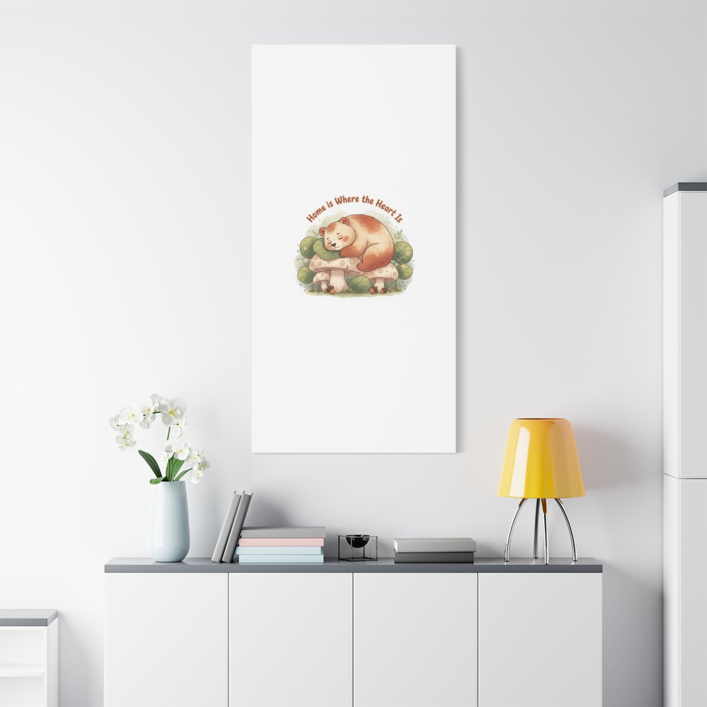 Cozy Sleeping Bear Canvas, winter forest art | cute animal illustration