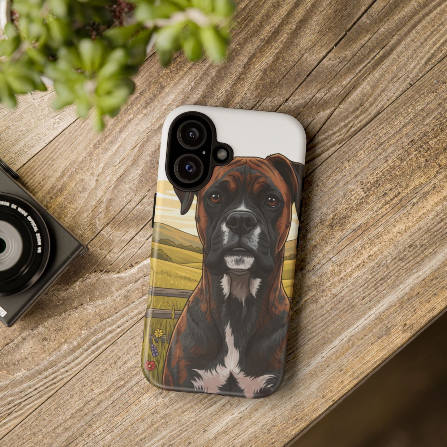 Boxer Dog Phone Case — Protective Tough Case with Rustic Countryside Illustration