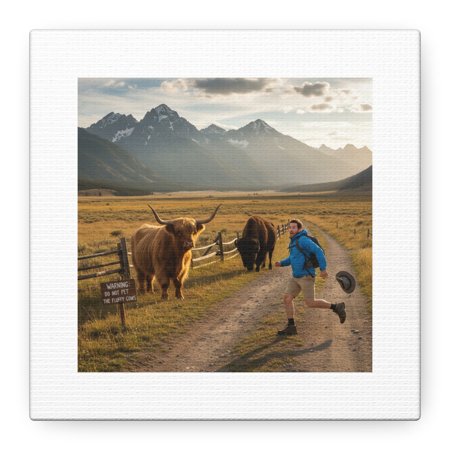 Chased by a Buffalo Canvas | wholesome sarcasm print, soft humor wall art