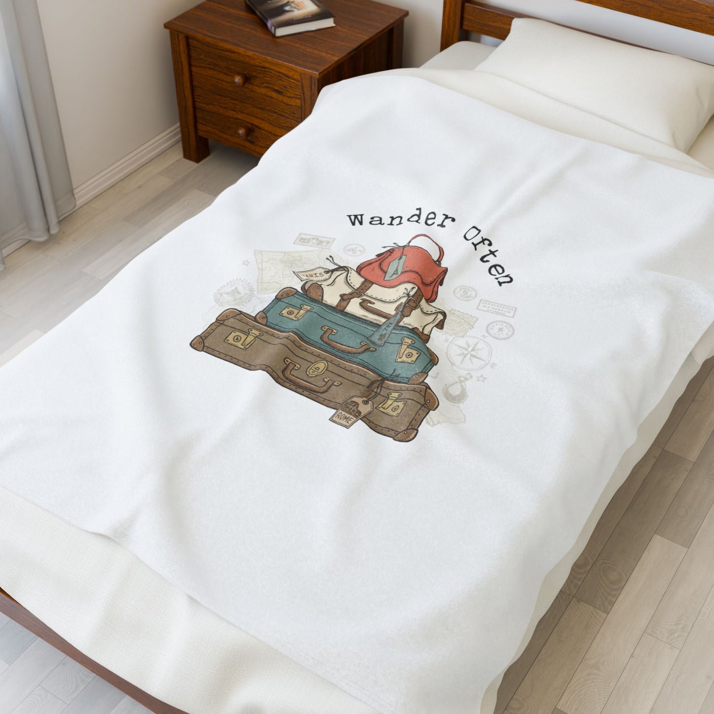 Wander Often vintage luggage stack Velveteen Blanket | travel stamps, postcard vintage