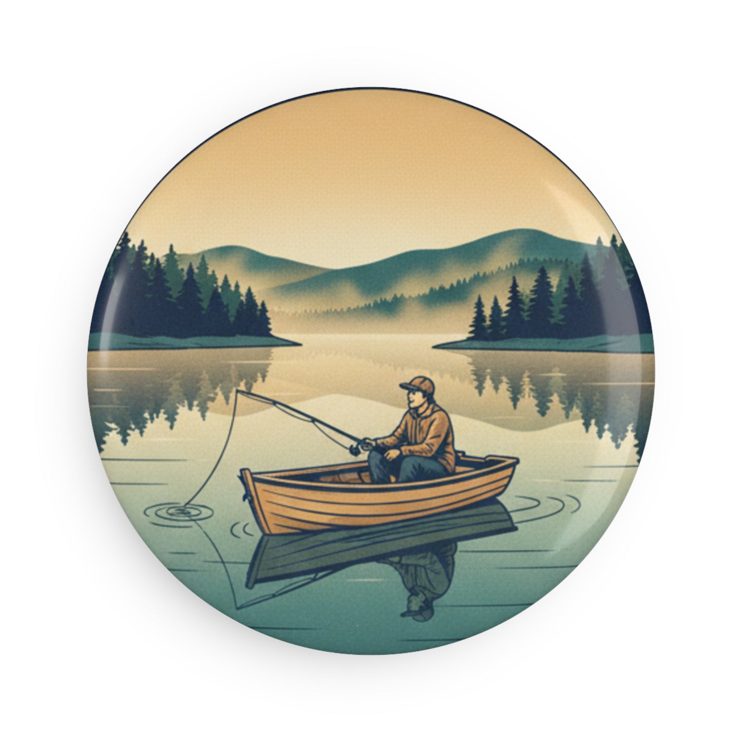 Fishing Lake Button Magnet — Round Camping & Outdoors Refrigerator Magnet