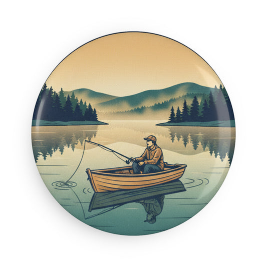 Fishing Lake Button Magnet — Round Camping & Outdoors Refrigerator Magnet