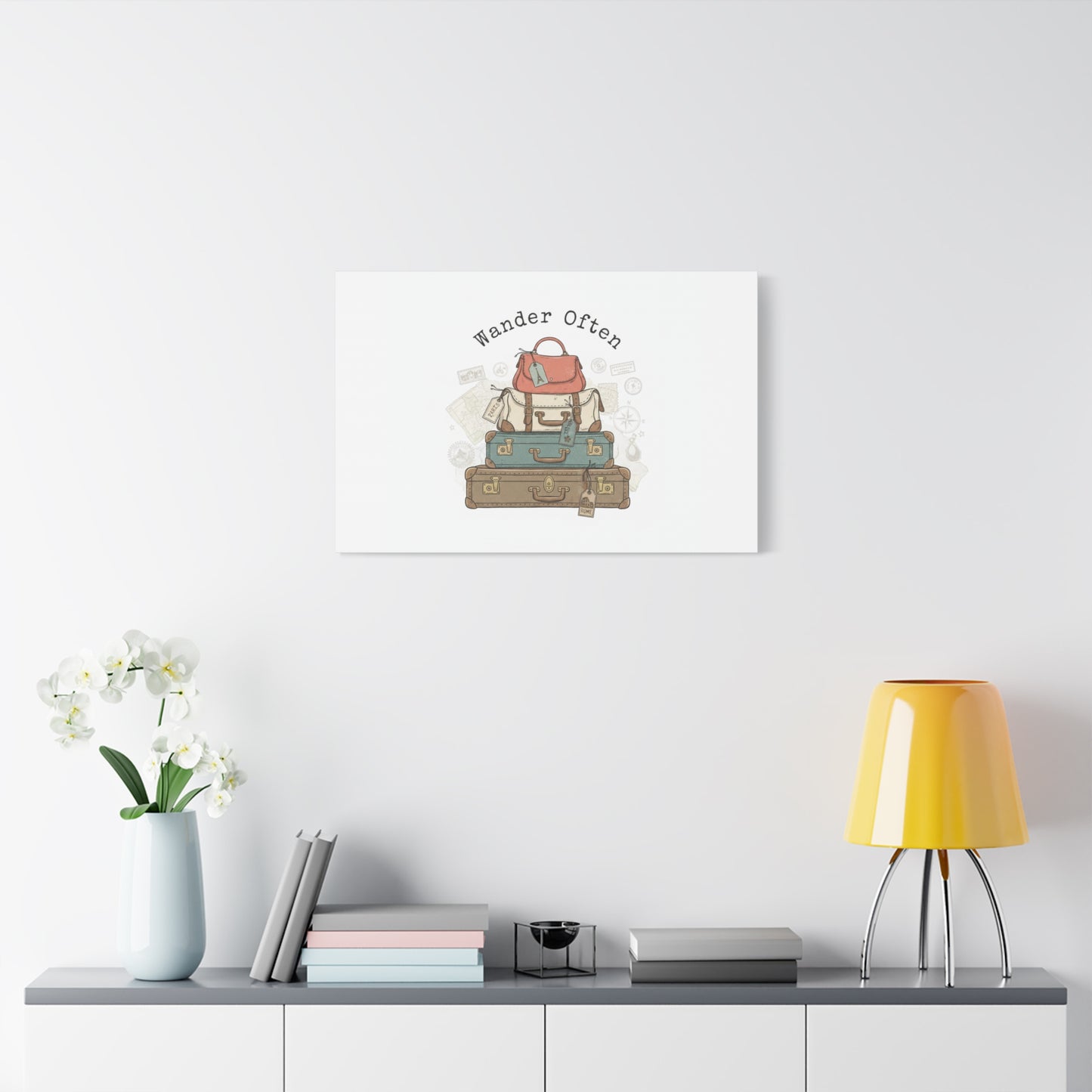 Wander Often Vintage Luggage Stack Canvas, travel stamps | passport stamp wanderlust