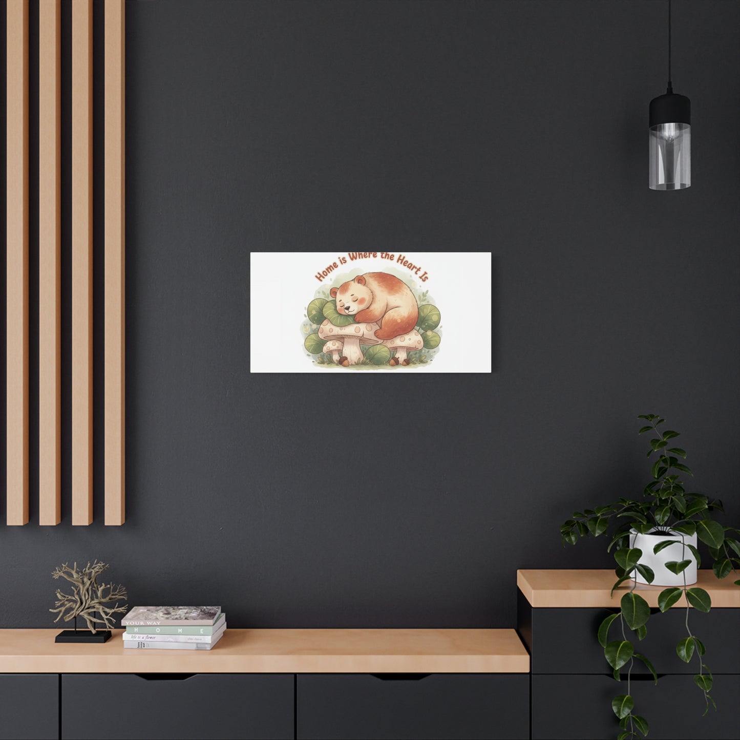 Cozy Sleeping Bear Canvas, winter forest art | cute animal illustration