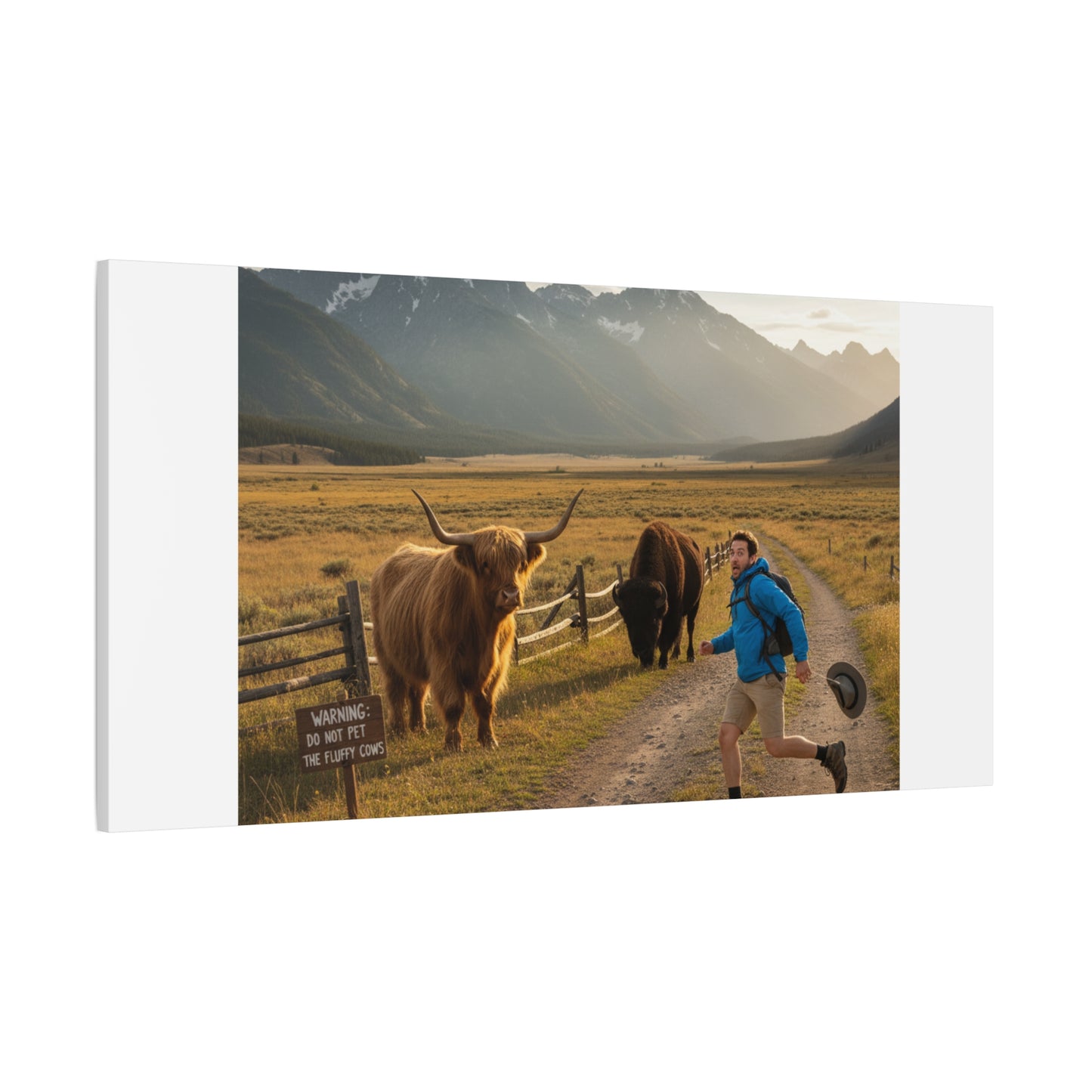 Chased by a Buffalo Canvas | wholesome sarcasm print, soft humor wall art