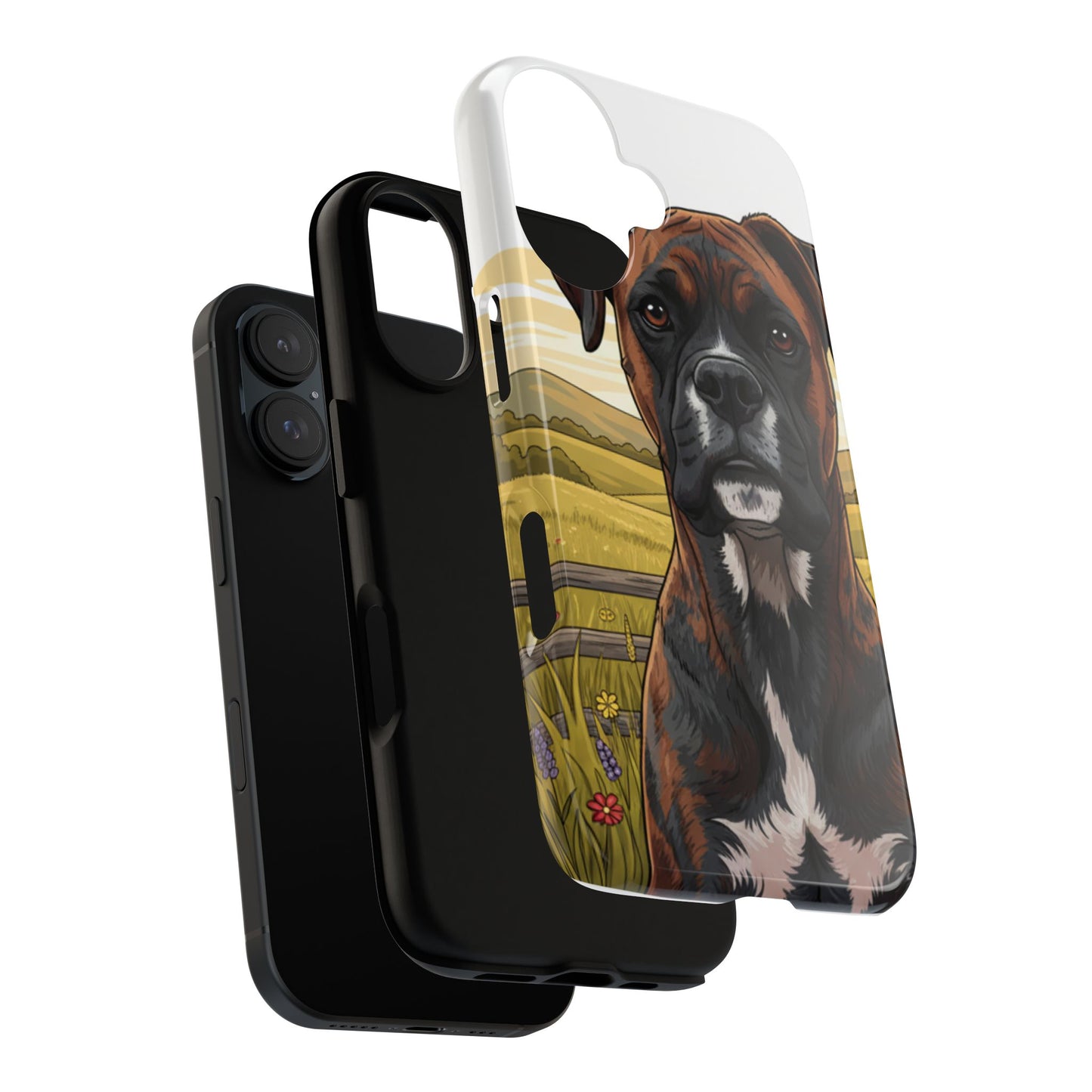 Boxer Dog Phone Case — Protective Tough Case with Rustic Countryside Illustration