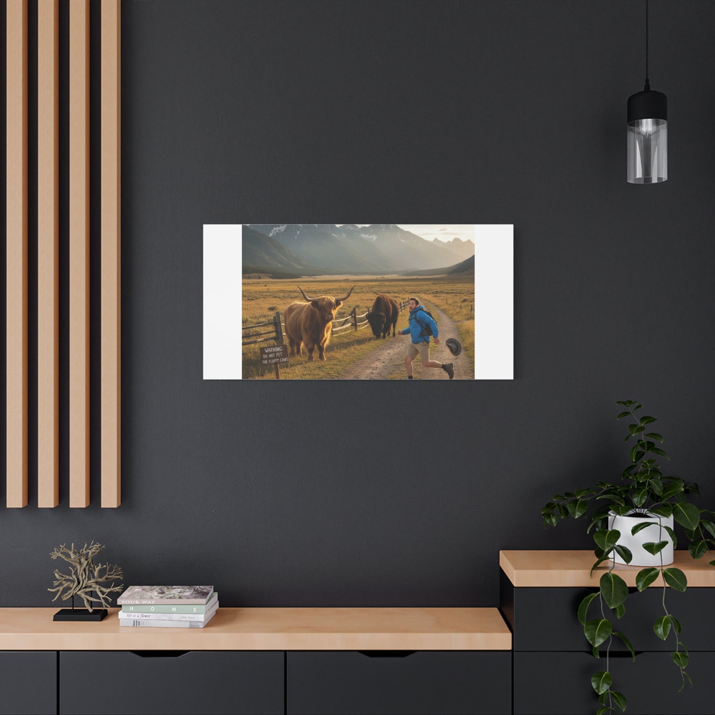 Chased by a Buffalo Canvas | wholesome sarcasm print, soft humor wall art