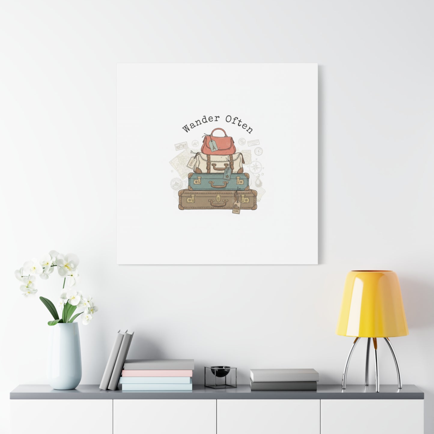 Wander Often Vintage Luggage Stack Canvas, travel stamps | passport stamp wanderlust