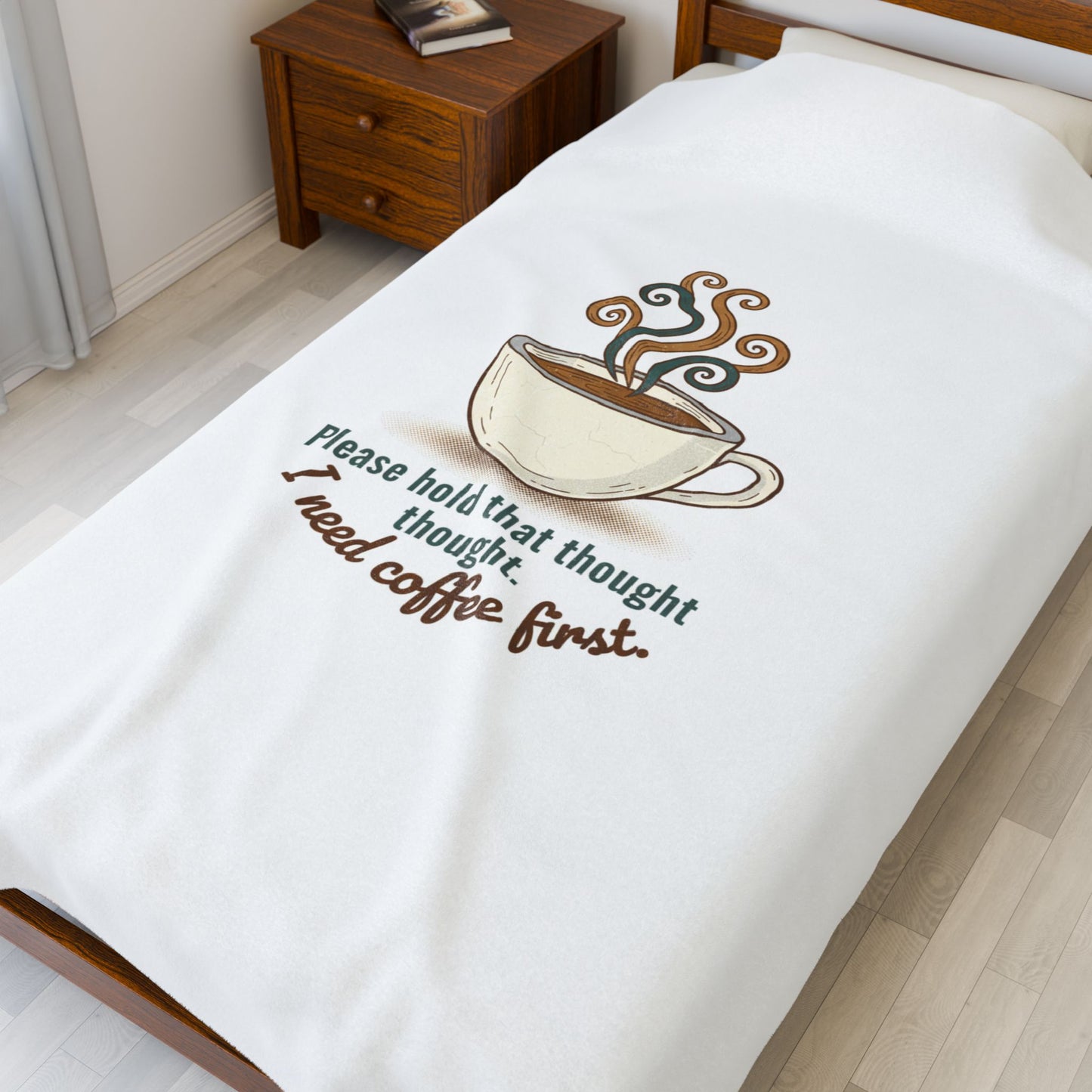 I Need Coffee First Velveteen Plush Blanket | coffee lover, cozy ritual