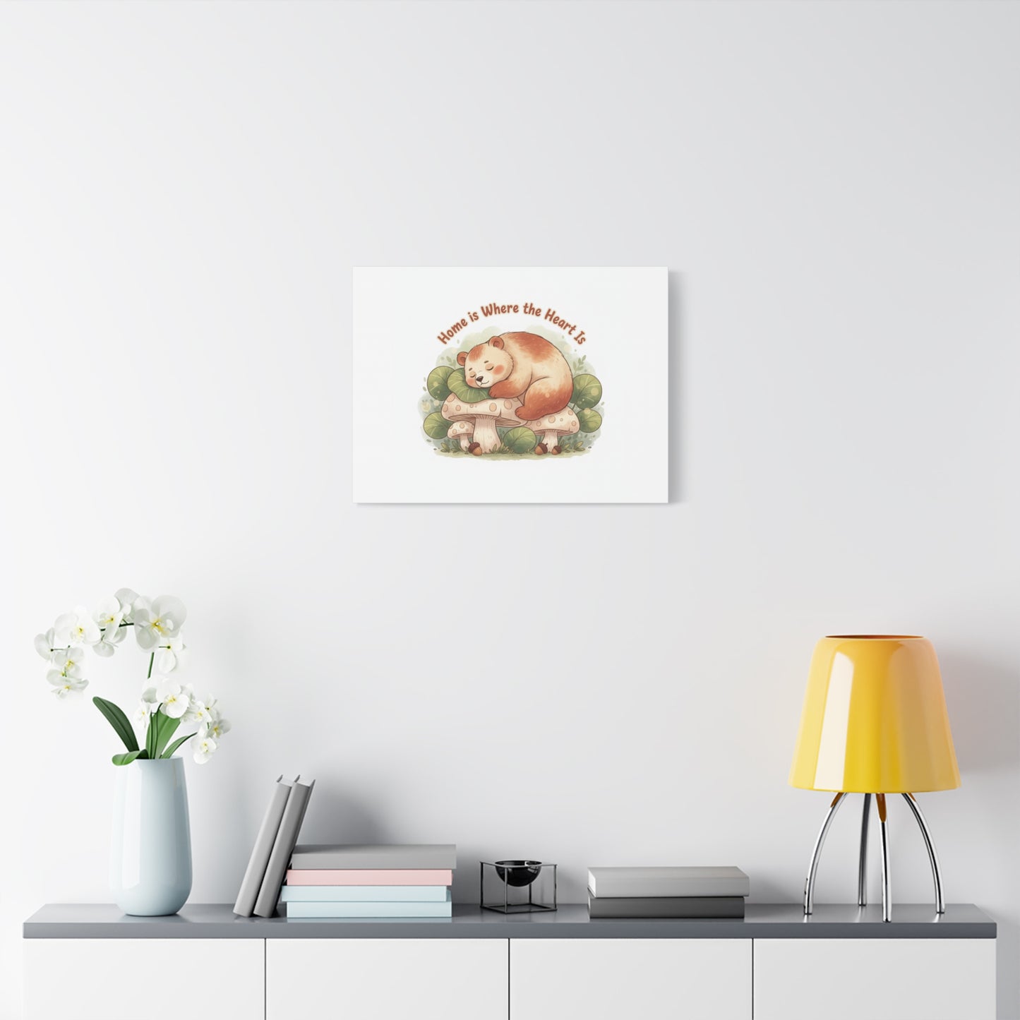 Cozy Sleeping Bear Canvas, winter forest art | cute animal illustration